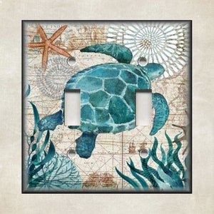 May include: A light blue sea turtle swimming through a vintage nautical map with coral and seaweed. The turtle is surrounded by a light blue, white, and brown background.