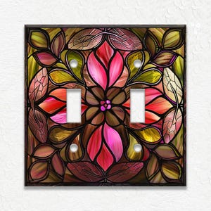 Stained Glass Flower Design Home Decor Green Pink Metal Light Switch Plate Cover - Decorative Art Nouveau Switch Plates Outlet Covers