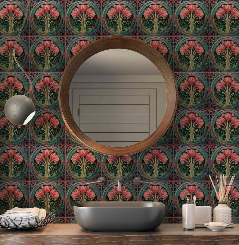 Ceramic Tile Red Green Blue Vintage Art Nouveau Design Kitchen ...