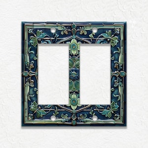 Blue And Green Vintage Art Nouveau Design Metal Light Switch Plate Covers And Outlet Covers - Antique Design Decor - Art Nouveau Home Decor Double Rocker