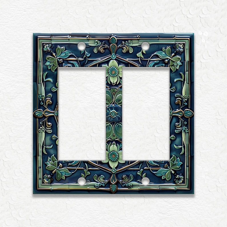 Blue And Green Vintage Art Nouveau Design Metal Light Switch Plate Covers And Outlet Covers - Antique Design Decor - Art Nouveau Home Decor Double Rocker