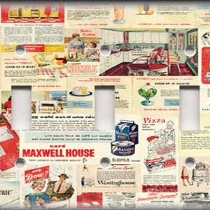 May include: A vintage style light switch plate featuring a collage of 1950s advertisements. The ads include products like Maxwell House coffee, Jell-O, and Dow detergent. The background is a light beige with a distressed look.