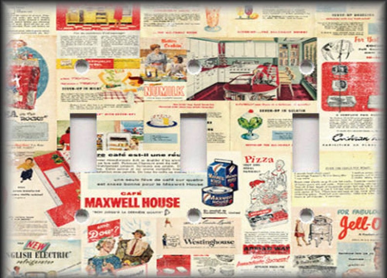 May include: A vintage style light switch plate featuring a collage of 1950s advertisements. The ads include products like Maxwell House coffee, Jell-O, and Dow detergent. The background is a light beige with a distressed look.