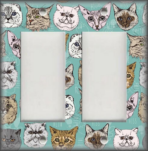 Metal Light Switch Plate Cover Animal Cats Home Decor Cat Faces On Blue 