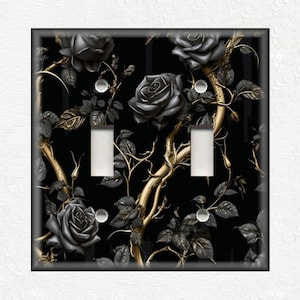 Gothic Design Light Switch Covers And Outlet Covers - Black Rose Design Switch Plates Set Of Metal Wallplates - Black Gothic Home Decor