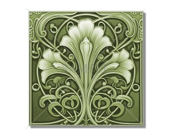 Ceramic Tile Kitchen Backsplash Tile - Green Tile Vintage Art Nouveau Design Bathroom Tile - Antique Reproduction Tile - Fireplace Tile