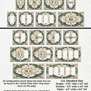 May include: A collection of decorative light switch plates in various configurations. The plates feature a floral design with green, gold, and cream colors. The image includes text indicating sizes and configurations available.