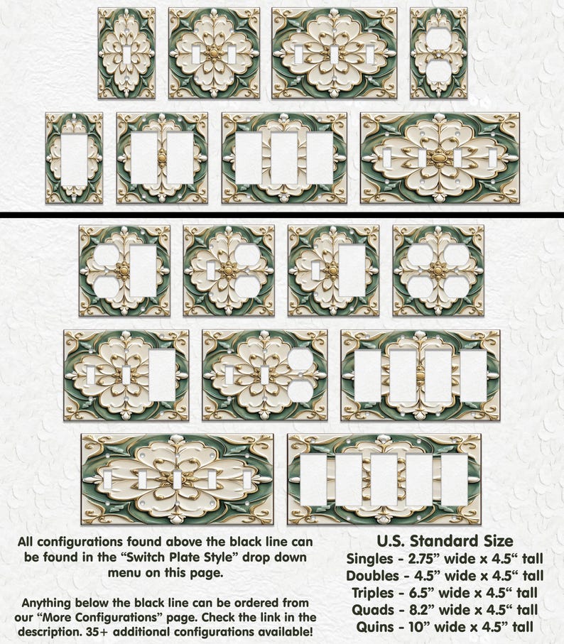 May include: A collection of decorative light switch plates in various configurations. The plates feature a floral design with green, gold, and cream colors. The image includes text indicating sizes and configurations available.