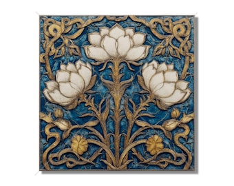 Può includere: Una piastrella decorativa quadrata raffigurante tre fiori di loto bianchi con steli e foglie dorate su uno sfondo blu profondo e testurizzato. Il design include intricati motivi in filigrana dorata che incorniciano la composizione floreale.