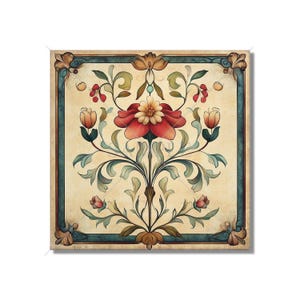 May include: A vintage-style floral design with a red flower and green leaves, framed in a teal border on a cream background.