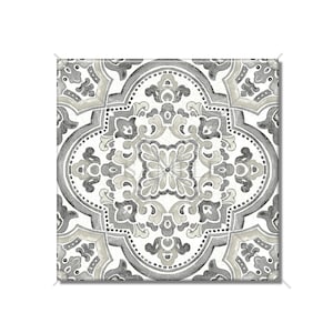 May include: A square tile with a gray and white geometric pattern. The pattern is intricate and features a central motif of a flower with four petals.