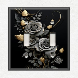 Gothic Design Light Switch Covers And Outlet Covers - Black Rose Design Switch Plates Set Of Metal Wallplates - Black Gothic Home Decor