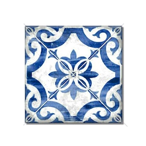 May include: A blue and white ceramic tile with a geometric pattern. The tile has a distressed, vintage look.
