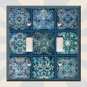 May include: A light switch plate with a decorative design of blue and purple tiles with intricate patterns.