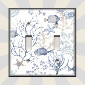 Beach Switch Plate - Tan And Blue Fish Coral Shells Beach Home Decor - Metal Light Switch Plate Covers And Outlet Covers - Home Decor