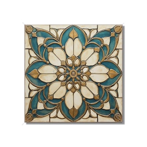 May include: A square tile with a decorative design featuring a blue and gold floral pattern. The tile has a white background and a raised, textured surface.
