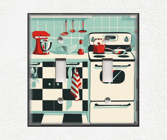 Retro Fifties 50's Kitchen Decor Diner Kitchen Decor - Metal Light Switch Cover - Switch Plates Outlet Covers Metal Wall Plates Retro Decor
