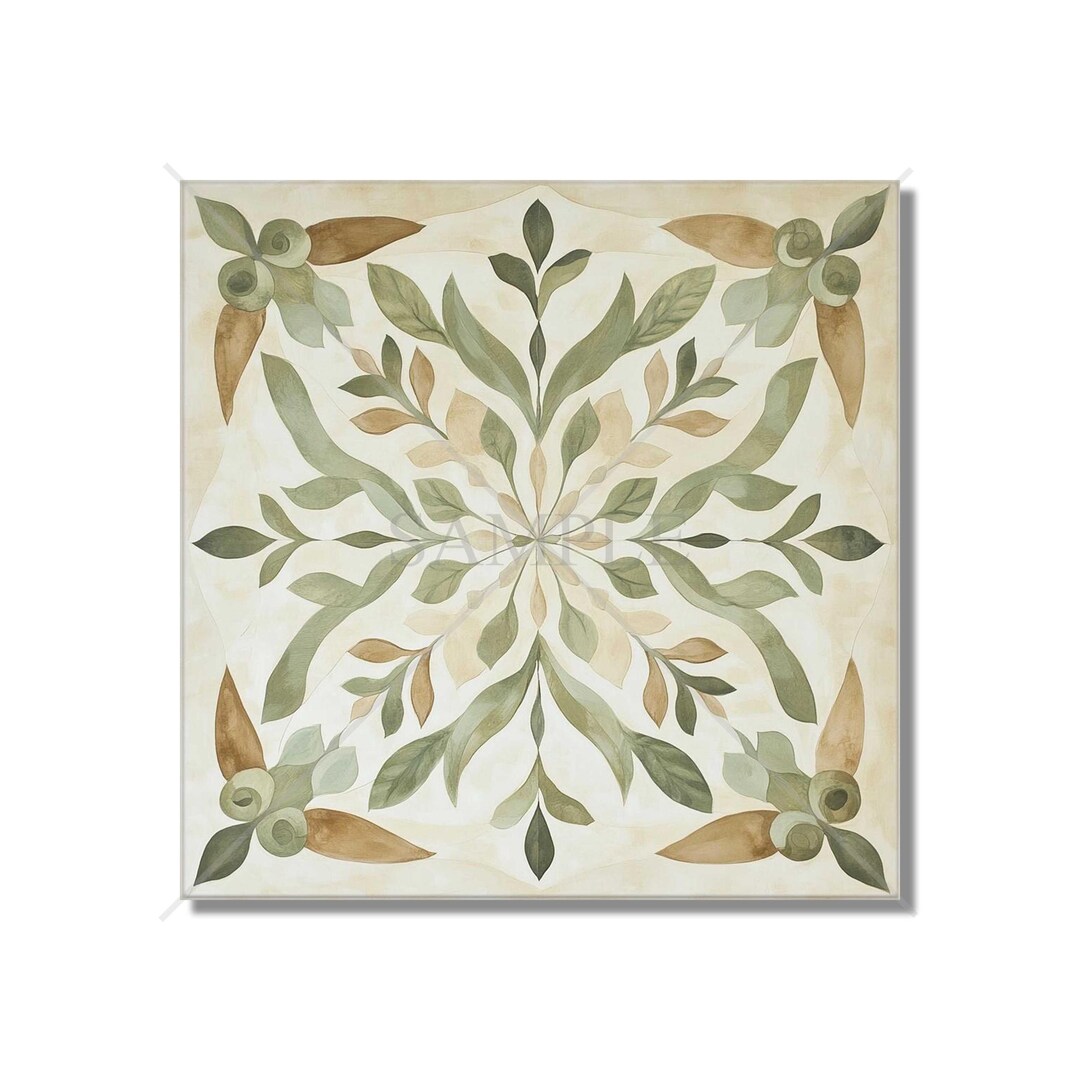 Green Beige Botanical Ceramic Tile, Patterned Kitchen Backsplash Tile