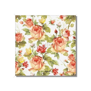 May include: A square fabric or paper print featuring a repeating floral pattern of blooming roses in shades of coral, peach, and soft yellow, interspersed with green leaves and stems against a white background, with the word SAMPLE printed centrally.
