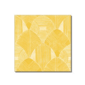 May include: A yellow geometric pattern with white lines forming a repeating design of overlapping arches.
