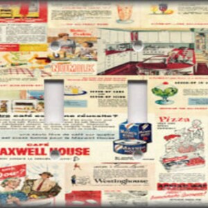 May include: A vintage-style light switch plate featuring a collage of retro advertisements from the 1950s. The ads include products like Jell-O, Maxwell House Coffee, and Dow detergent. The background is a cream color with red and blue accents.