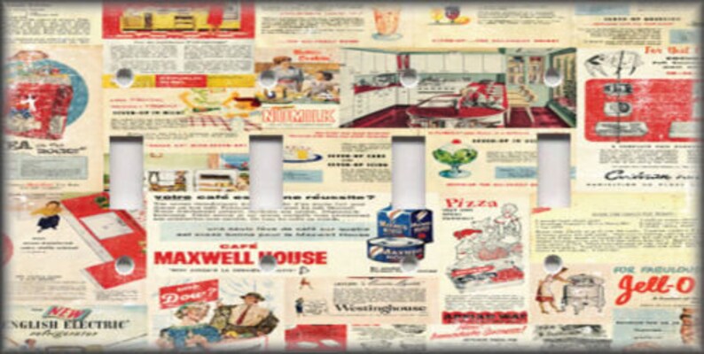 May include: A vintage-style light switch plate featuring a collage of retro advertisements from the 1950s. The ads include products like Jell-O, Maxwell House Coffee, and Dow detergent. The background is a cream color with red and blue accents.