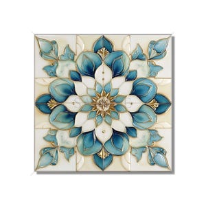 May include: A square ceramic tile with a blue and gold mandala design. The mandala features a central flower with eight petals, surrounded by a ring of smaller flowers. The tile has a white background.