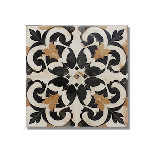 May include: Black and white tile with a brown and white floral pattern. The tile has a distressed look, with faded areas and chipped edges.