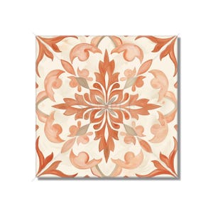 May include: A square tile with a repeating pattern of stylized floral designs in shades of orange and cream.