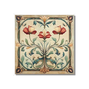 May include: A vintage-style tile design featuring a floral motif. The tile has a cream background with a green, orange, and red floral pattern. The flowers are stylized and have a symmetrical design.