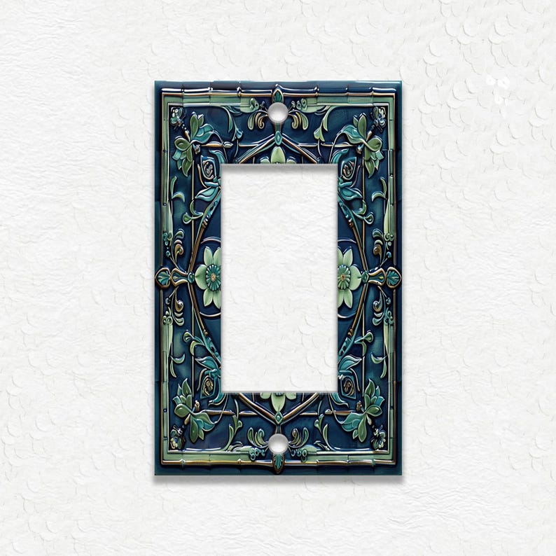Blue And Green Vintage Art Nouveau Design Metal Light Switch Plate Covers And Outlet Covers - Antique Design Decor - Art Nouveau Home Decor GFI/Rocker