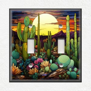 Cactus Desert Sunset Stained Glass Design Home Decor Cactus Decor - Metal Light Switch Plate Cover - Cactus Switch Plates Outlet Covers