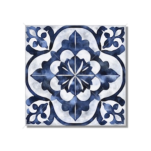 May include: A blue and white watercolor tile with a geometric pattern. The tile has a central flower design with four petals and a star in the center. The tile is surrounded by a border of leaves and swirls.