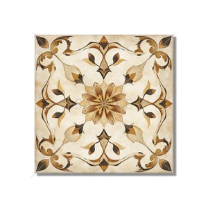 May include: A square tile with a brown and beige floral pattern. The tile has a vintage, distressed look.