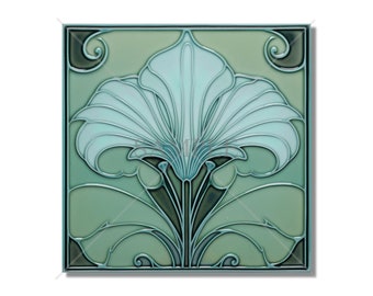 Ceramic Tile Kitchen Backsplash Tile - Blue Green Tile Vintage Art Nouveau Design Bathroom Tile - Antique Reproduction Tile - Fireplace Tile