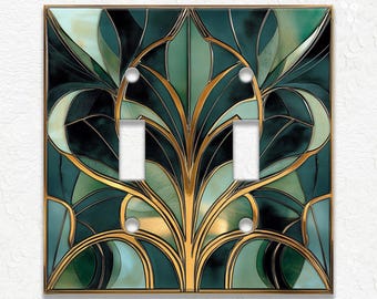 Dark Green Vintage Art Nouveau Switch Plate Cover - Decorative Stained Glass Design Switch Plate Covers And Outlet Covers - Home Decor