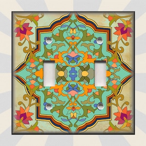 May include: A decorative light switch cover with a colorful, intricate floral pattern in shades of blue, green, orange, and red. The design is reminiscent of traditional Islamic art.
