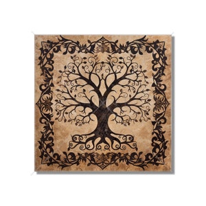May include: A black and brown stylized tree of life with intricate branches and roots, set against a textured beige background with a decorative border.