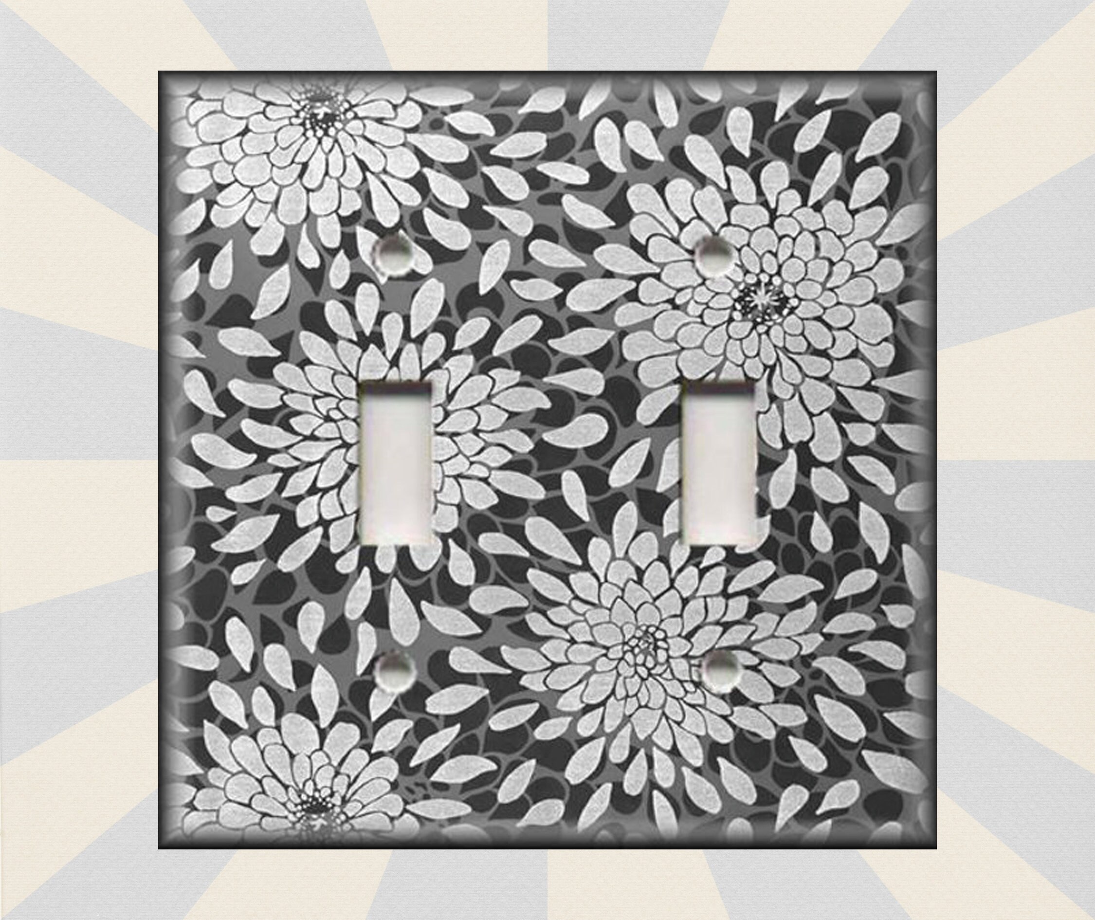Grey Metal Light Switch Plate Cover Wallplate Floral Mums Sunburst Home Decor 