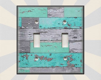 Aqua Grey Beach Aged Wood Design - Metal Beach Light Switch Plates And Outlet Covers - Free Shipping - Luna Gallery Designs
