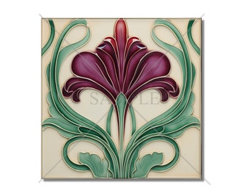 Vintage Art Nouveau Design Ceramic Tile Purple And Green Tile - Bathroom Tile - Antique Reproduction Tile Backsplash Tile Fireplace Tile