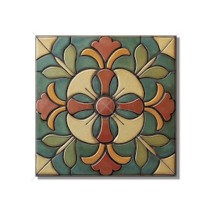 May include: A square ceramic tile with a green, yellow, orange, and red floral design. The tile has a geometric pattern with a cross in the center.