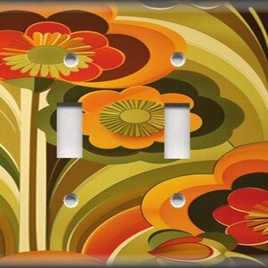 May include: A decorative triple light switch cover with a retro floral design. The cover features a vibrant pattern of orange, red, green, and brown flowers and swirling shapes. The light switches are white.
