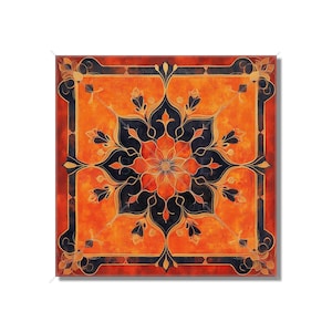 May include: A square tile with a geometric pattern in shades of orange, black, and gold. The design features a central flower with intricate details and a repeating pattern of leaves and swirls.