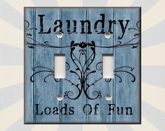 Laundry Loads Of Fun Decor Blue Gray Laundry Decor - Metal Light Switch Plate Cover - Switch Plates Outlet Covers Triples - Free Shipping