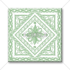 May include: A square green and white tile with a repeating pattern of geometric shapes and a stylized flower in the center. The tile has a white background with a green border and a green floral design.