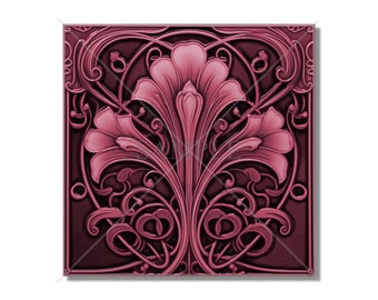 Dark Pink Vintage Art Nouveau Design Ceramic Tile Kitchen Backsplash Tile - Bathroom Tile - Antique Reproduction Tile - Fireplace Tile