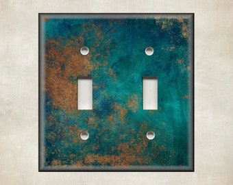 Metal Light Switch Cover Aged Copper Patina With Teal Home Decor - Switch Plate Covers And Outlet Covers - Metal Wallpates Copper And Blue