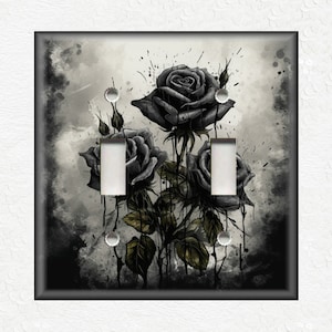 Gothic Design Light Switch Covers And Outlet Covers - Black Rose Design Switch Plates Set Of Metal Wallplates - Black Gothic Home Decor