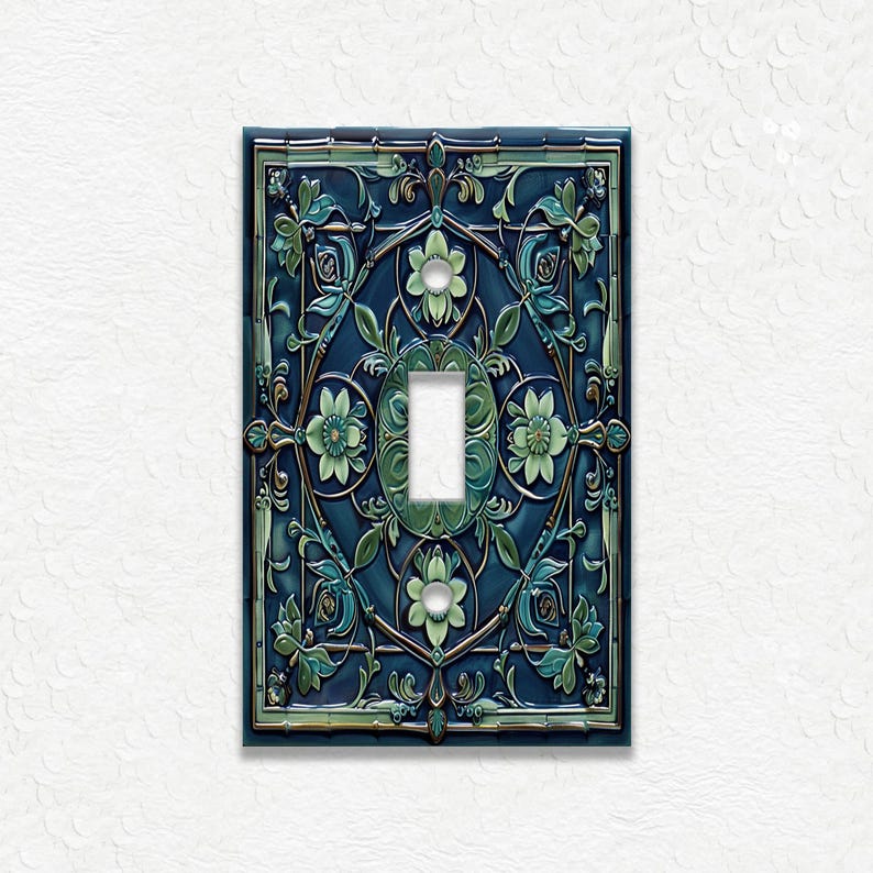 Blue And Green Vintage Art Nouveau Design Metal Light Switch Plate Covers And Outlet Covers - Antique Design Decor - Art Nouveau Home Decor Single Toggle
